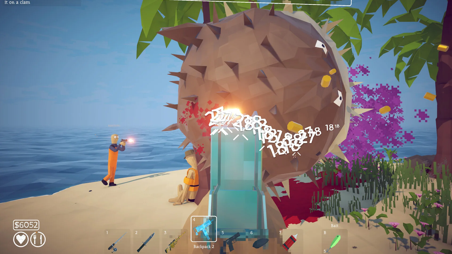 Puffer Fish boss fight - player attacking giant puffer fish on the beach
