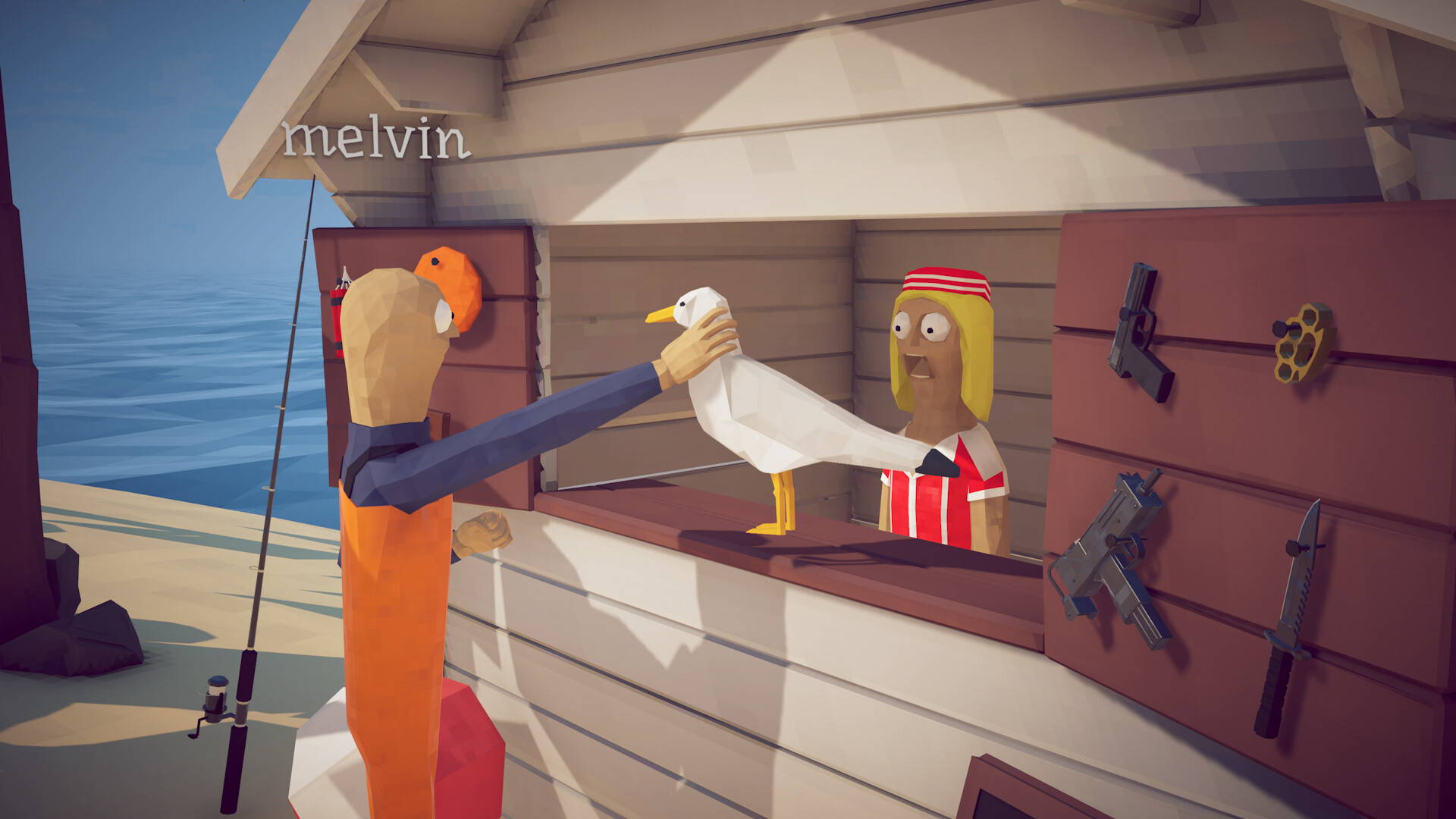 Rocks Island - NPC shop with weapons and fishing gear display